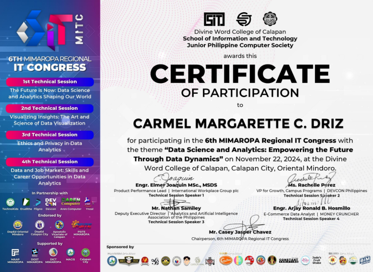 6th MIMAROPA Regional IT Congress Certificate