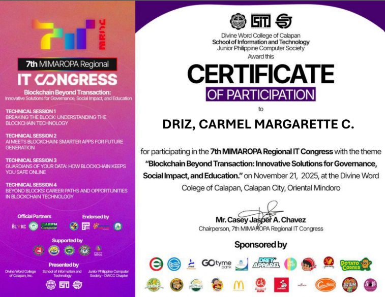 7th MIMAROPA Regional IT Congress Certificate
