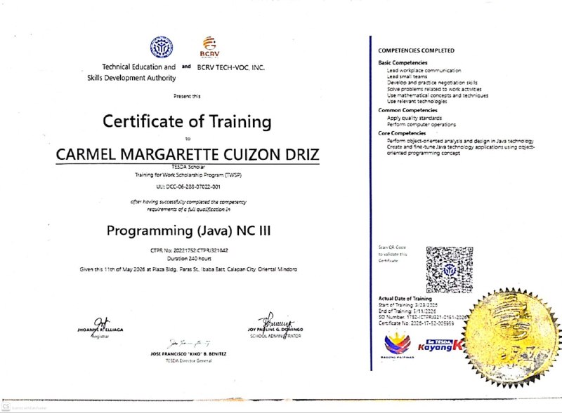 Java Programming NCIII Certificate