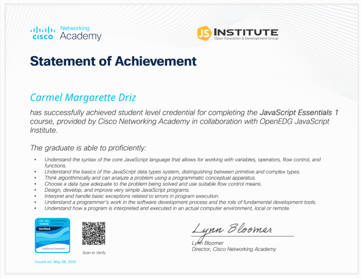 JavaScript Essential 1 Certificate