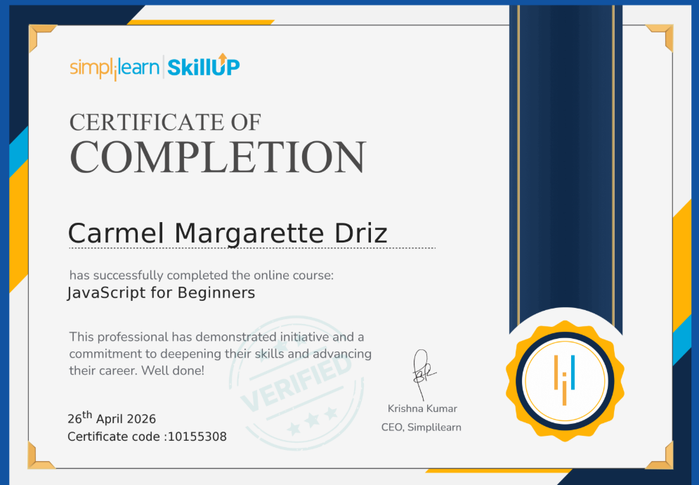 JavaScript For Beginners Certificate