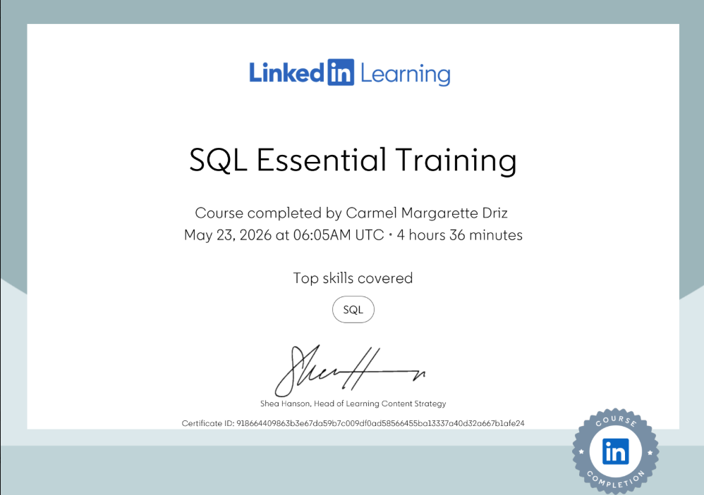 SQL Essential Training Certificate
